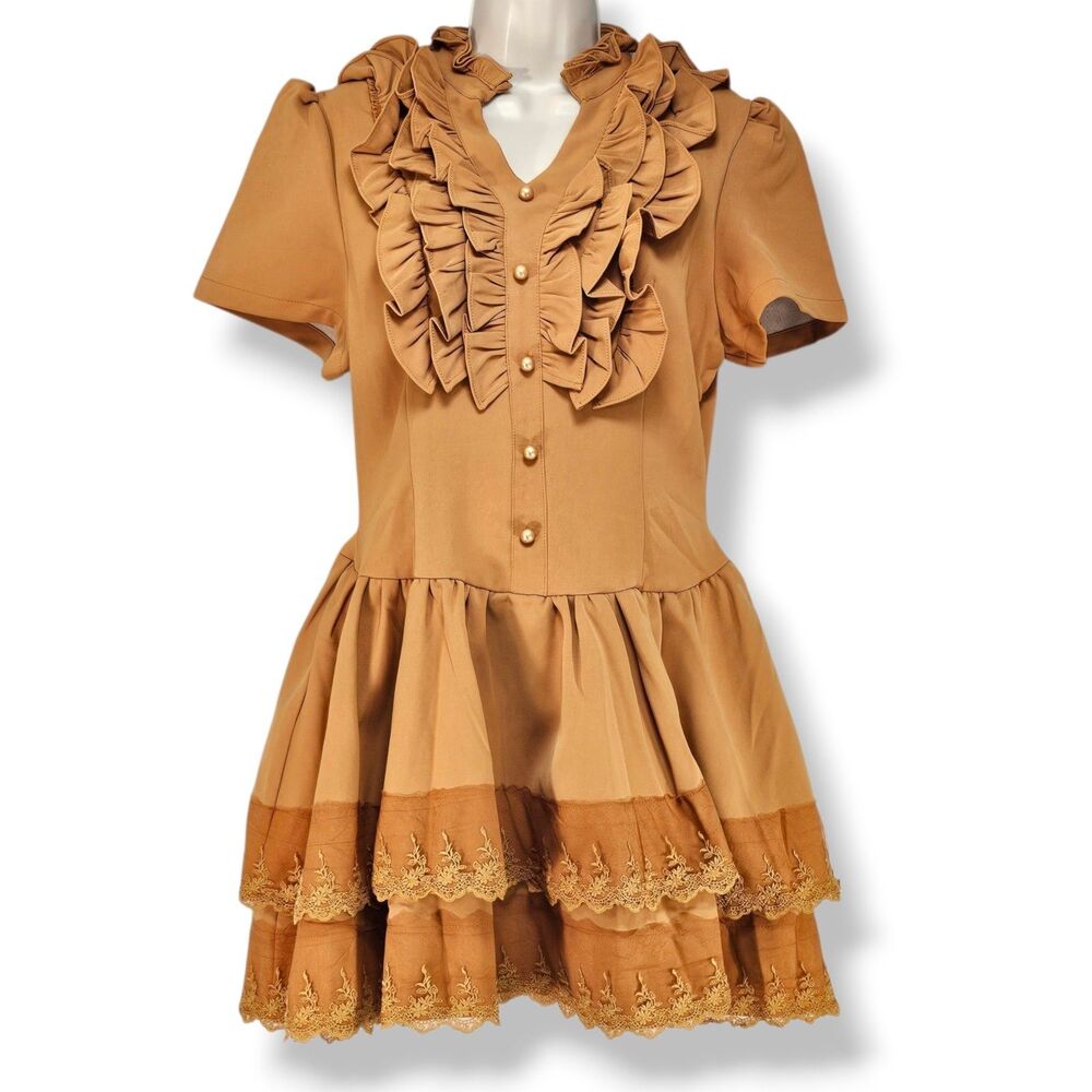Adora Bangkok Boutique Camel Ruffled Mini Dress Sz L (Runs Small)  Kawaii Lolita